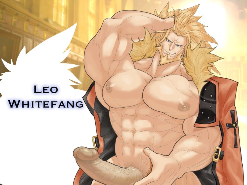 arm_up balls bara beard big_pecs big_penis blonde_hair boner erection facial_hair gay guilty_gear hand_on_head jacket_on_shoulders leo_whitefang long_hair male male_only muscles muscular nagare penis solo solo_male