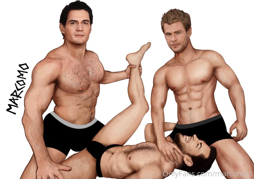 3boys actor big_bulge bulge celebrity choking chris_hemsworth gay hairy_chest henry_cavill huge_bulge looking_at_viewer male male_only marcomo muscles muscular muscular_male pleasure_face real_person spread_legs underwear underwear_only zachary_levi