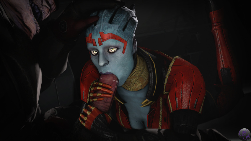 1boy 1boy1girl 1girls 3d alien alien_girl asari big_penis blowjob blue_skin fellatio grabbing_penis hand_on_head huge_cock interspecies krogan large_penis laying_on_stomach looking_at_viewer mass_effect mature_female milf monster_cock oral oral_sex penis penis_grab samara size_difference sucking sucking_penis weebstank white_eyes