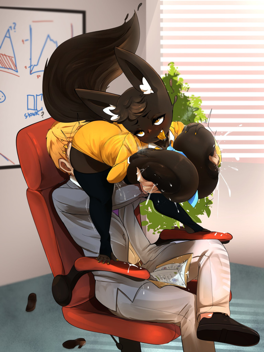 1boy 1girls 2022 amber_eyes animal_ears anthro areolae ass_on_face bent_over big_breasts black_body blush breast_squeeze breasts_grab cunnilingus female female_focus grimmy hi_res human human_on_anthro inverted_nipples lactation male narrowed_eyes office office_chair office_lady on_chair open_mouth pleasure_face sitting sitting_on_chair tail textless tongue_out