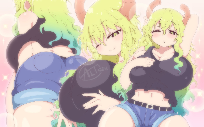 1girls altnsfw armpits ass big_ass big_breasts big_butt breasts colored eye_contact grabbing_own_breast heterochromia horns huge_breasts light_skin long_hair looking_at_viewer manga miss_kobayashi's_dragon_maid multicolored_hair one_eye_closed quetzalcoatl_(dragon_maid) shorts smile solo thick_thighs tight_clothing