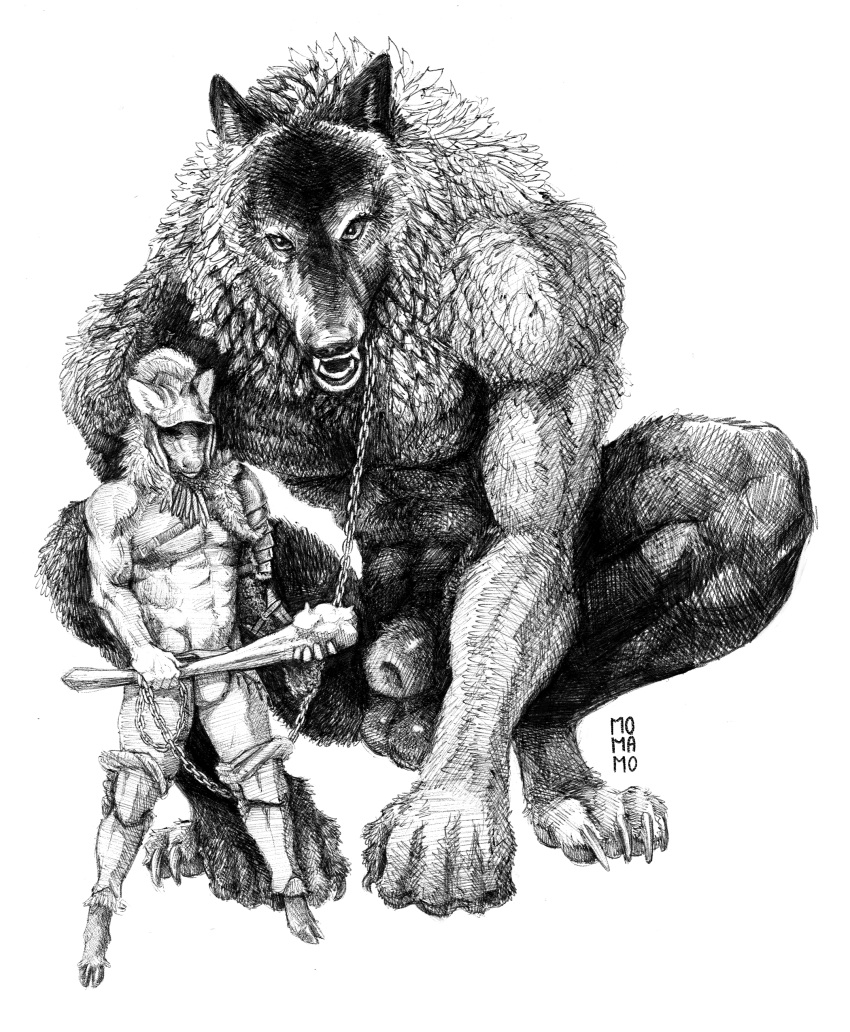 2022 abs absurd_res animal_genitalia anthro balls biceps canid canine canis capreoline cervid cervine chains claws clothed clothing club_(weapon) crouching duo genitals headgear headwear hi_res looking_at_viewer looking_forward male mammal melee_weapon momamo muscular muscular_anthro muscular_male neck_tuft nude partially_clothed pecs pudú sheath size_difference small_dom_big_sub tuft weapon were werecanid werecanine werewolf wolf