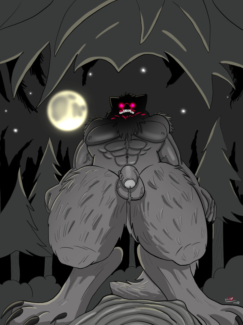 1boy abs anthro ball_tuft balls bared_teeth big_balls big_penis canid canine chest_tuft dark darkness digitigrade duo face_in_shadow fangs first_person_view fluffy fluffy_tail forest full_moon fur genitals glowing glowing_eyes half-erect hi_res looking_at_viewer looking_down looking_down_at_viewer low-angle_view male male_only mammal moon muscular muscular_anthro muscular_male night obscured_face penis plant red_eyes sharp_teeth shrub sleeping_bag teeth tree tuft vein veiny_balls veiny_penis were werecanid werecanine werewolf word360