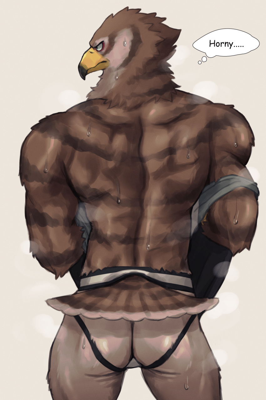 1boy 2020 2:3 absurd_res accipitrid accipitriform anthro ass avian back_muscles bird bodily_fluids brown_body brown_feathers brown_stripes clothing dialogue english_text feathers furrowed_brow grey_clothing grey_shirt grey_topwear hi_res jockstrap jockstrap_only k0bit0wani looking_aside male male_only nude rear_view shirt solo stripes sweat tail_feathers text thought_bubble topwear underwear undressing