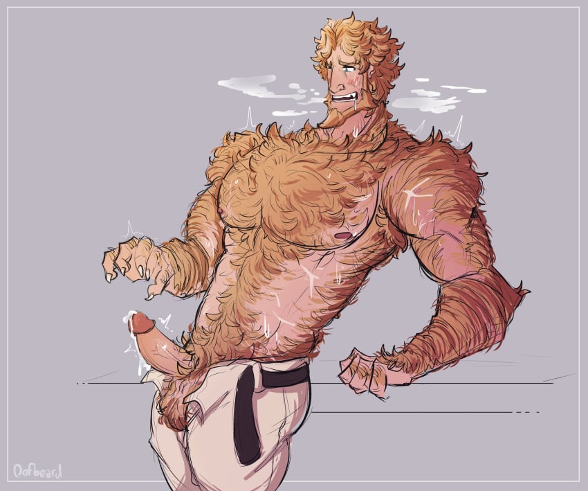 balls bara beard blonde_hair blush boner erection facial_hair gay guilty_gear hairy leo_whitefang long_hair male male_only muscles muscular oofbeard open_fly pants_only penis penis_out precum shirtless solo solo_male steamy_breath sweaty