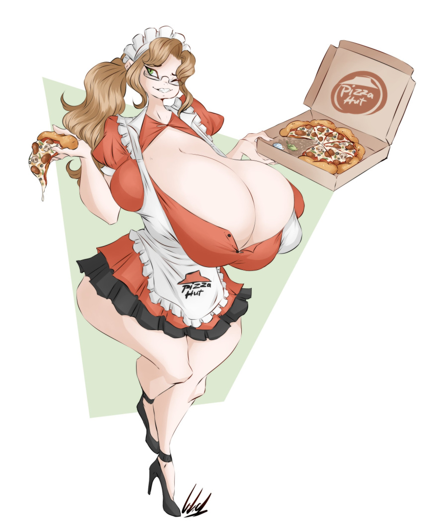 1girls big_breasts breasts cleavage clothed clothing dullvivid female female_only food huge_breasts hyper hyper_breasts large_breasts pizza pizza_box pizza_hut solo tagme