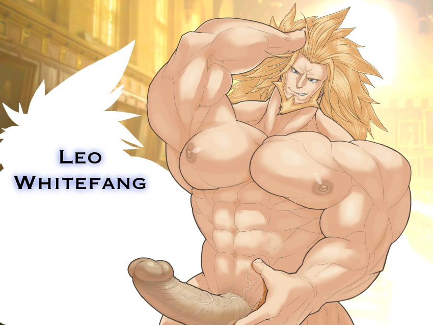 arm_up balls bara beard big_pecs big_penis blonde_hair boner erection facial_hair gay guilty_gear hand_on_head leo_whitefang long_hair male male_only muscles muscular nagare nude penis solo solo_male