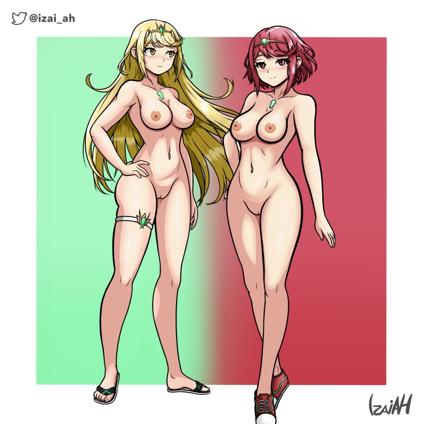 2girls breasts feet female female_only flip_flops izai_ah multiple_girls mythra naked nintendo nipples nude pyra sandals tagme xenoblade_(series) xenoblade_chronicles_2