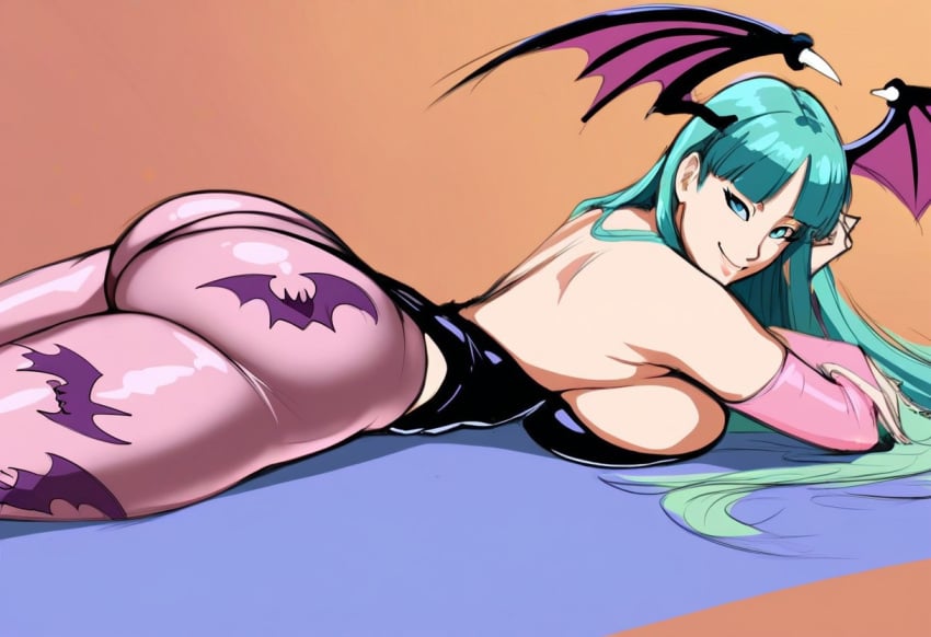 ai_generated ass_focus breast_press darkstalkers from_above hourglass_figure huge_ass legs_apart lying lying_down lying_on_breasts lying_on_ground lying_on_stomach medium_ass morrigan_aensland plump_ass side_view ssktch tagme thick_ass thick_thighs