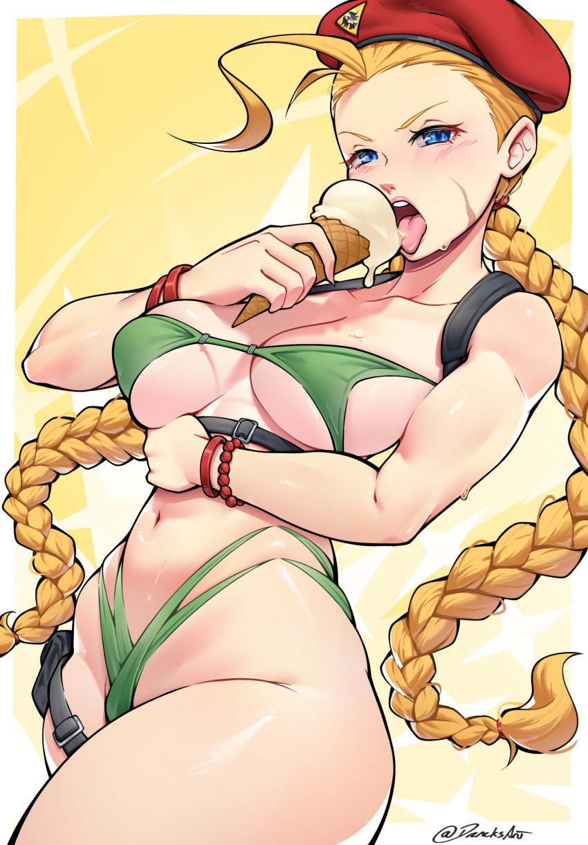 1girls absurd_res adapted_costume beret bikini blonde_hair blue_eyes blush border bracelet braid braided_hair braided_twintails breasts cammy_white capcom cleavage curvy dracksart green_bikini hat hi_res hourglass_figure ice_cream licking long_hair looking_at_viewer medium_breasts micro_bikini navel open_mouth scar signature solo street_fighter swimsuit thigh_strap thighs tongue tongue_out twintails very_long_hair wide_hips