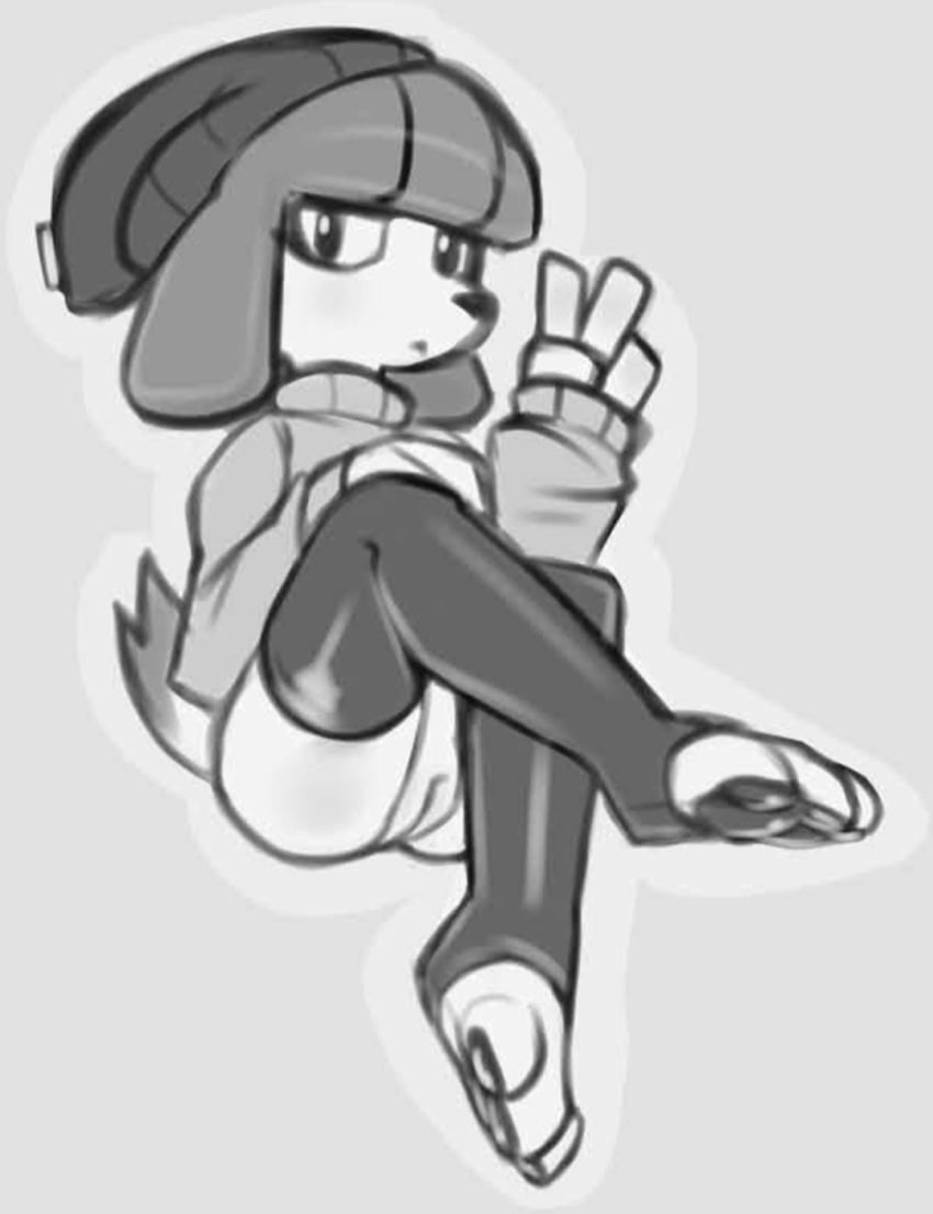 :< bangs bare_bottom beanie biped black_and_white black_eyes bottomless canine clothing fifi_(somemf) joooji legs_crossed legwear no_panties paw_beans pawpads peace_sign pussy short_tail sitting sweater tagme tail thighhighs thighs