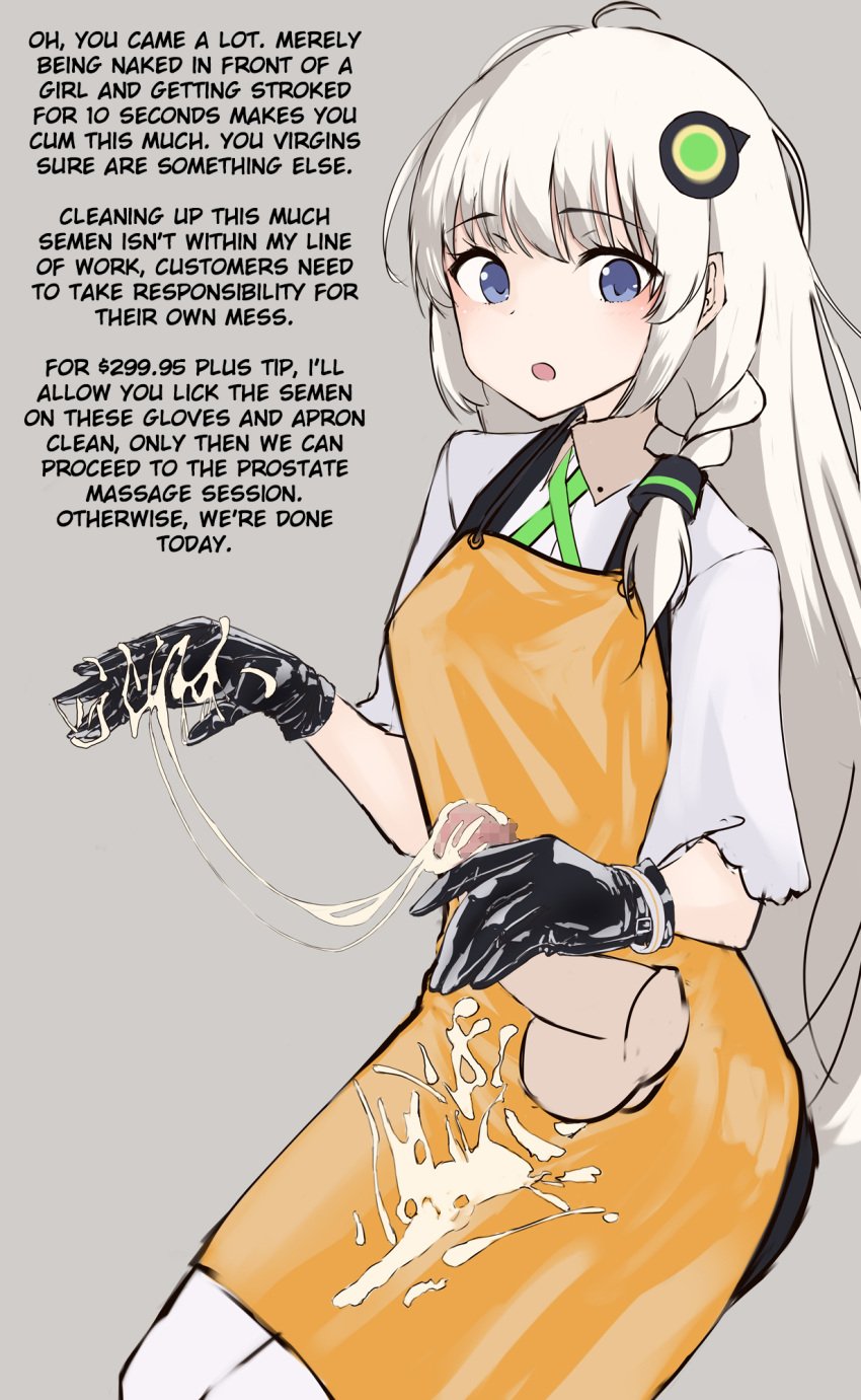 1boy 1girls alternate_hair_color apron black_gloves blue_eyes caption censored clothed_female_nude_male cum cum_on_clothes cum_on_glove english_text erection eyebrows_visible_through_hair femdom femdom_caption gloved_handjob gloves grey_background handjob humiliation kizuna_akari light-skinned_female light-skinned_male light_skin malesub mosaic_censoring onakinkamesan prostitution simple_background text voiceroid white_hair