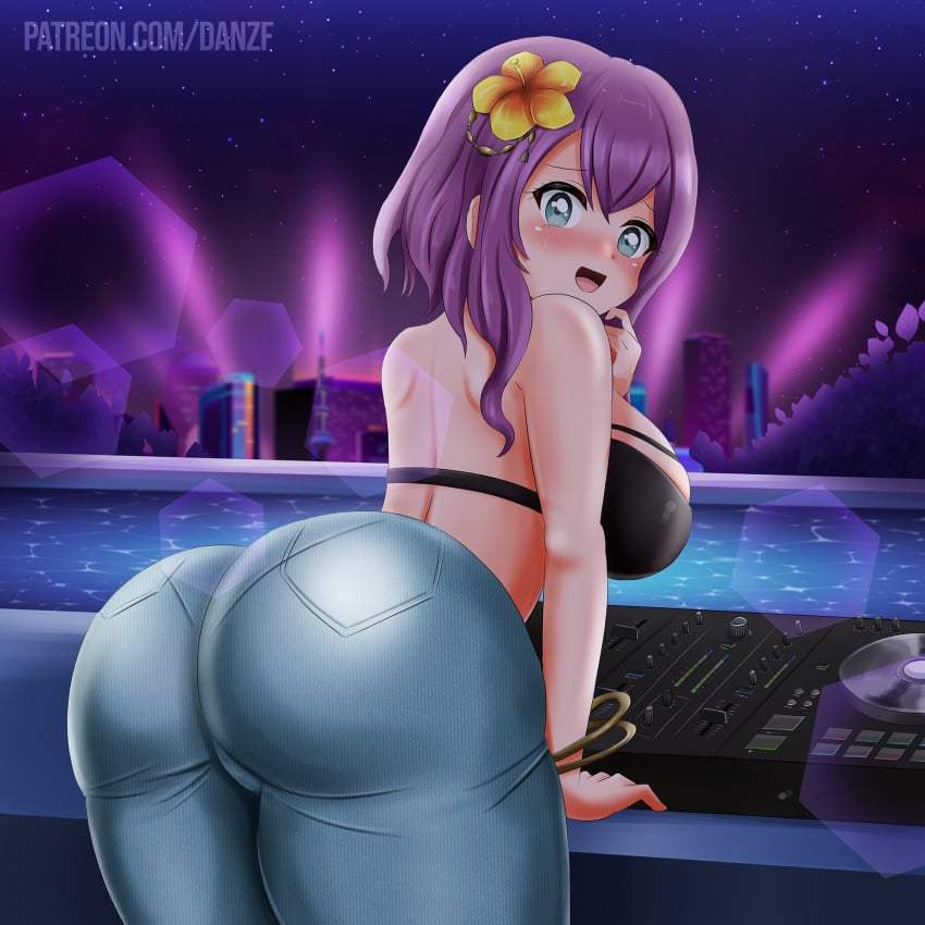 :d blush bra cityscape d4dj danzfloor dj_equipment hidaka_saori huge_ass huge_breasts looking_back pants thick_thighs watermark