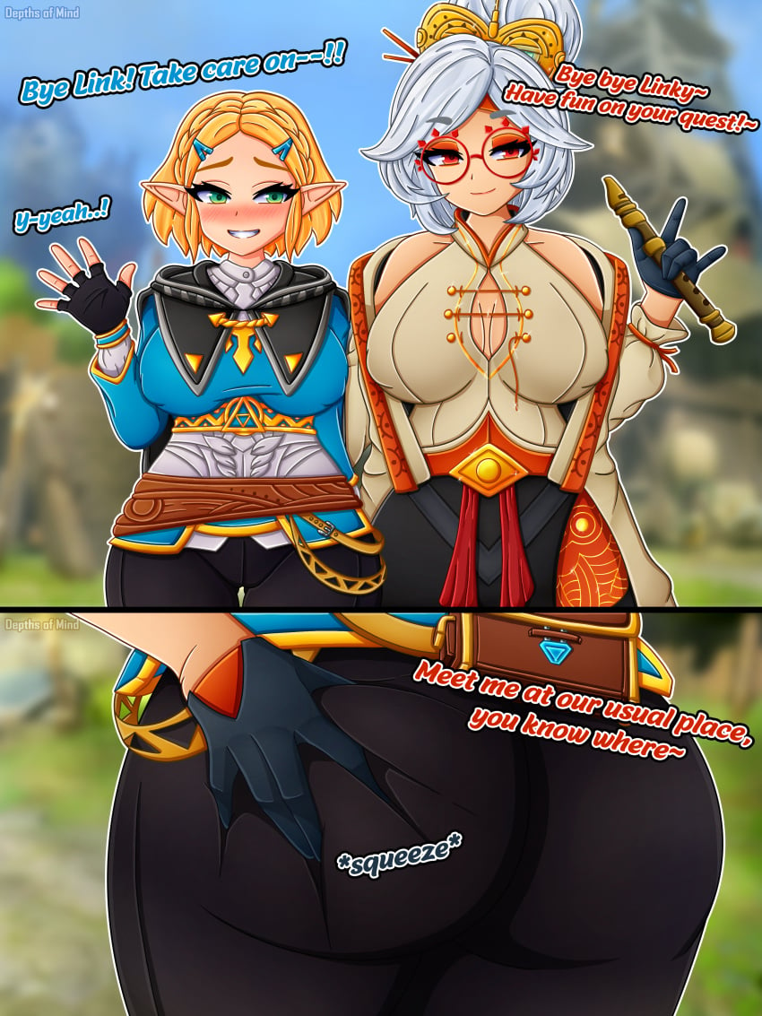 2girls ass ass_focus ass_grab back back_view bag bare_shoulders before_sex belt big_ass big_breasts big_butt black_gloves black_pants blonde_hair blue_shirt blush braid breasts busty cape capelet cleavage clothed crown_braid crystal curvy depthsofmind eyeshadow eyewear_on_head female/female female_focus female_only fingerless_gloves flute front_view fully_clothed glasses gloves goggles gold_trim grabbing grabbing_ass grabbing_from_behind green_eyes grope groping groping_from_behind hair_bun hair_ornament hair_stick hairclip headband height_difference hi_res huge_ass huge_breasts humanoid hylian jacket large_breasts leggings light-skinned_female lipstick looking_at_viewer makeup nintendo nipple_bulge no_bra no_bra_under_clothes outdoors pants pointy_ears princess_zelda purah purah_(tears_of_the_kingdom) red_eyes red_eyeshadow sheikah shirt short_hair sidelocks silver_hair skirt slit_skirt smile smiling standing straps taller_girl tears_of_the_kingdom the_legend_of_zelda thick_thighs thighs triforce voluptuous waving white_hair wide_hips zelda_(tears_of_the_kingdom)