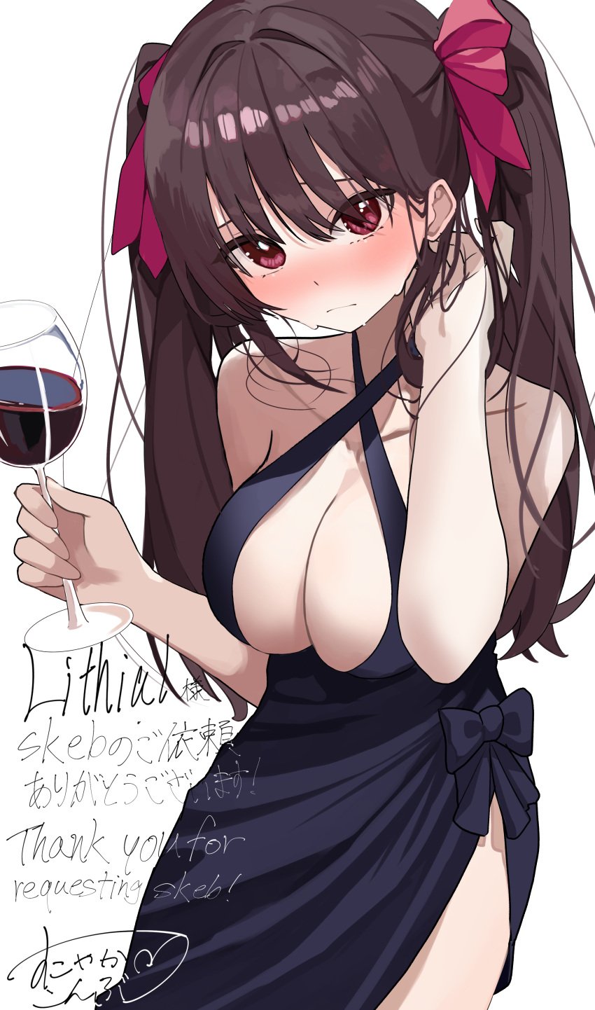 1girls 2d 2d_(artwork) black_hair breasts cleavage date_a_live dress light-skinned_female long_hair looking_at_viewer medium_breasts red_eyes solo solo_female tokisaki_kurumi twintails wine