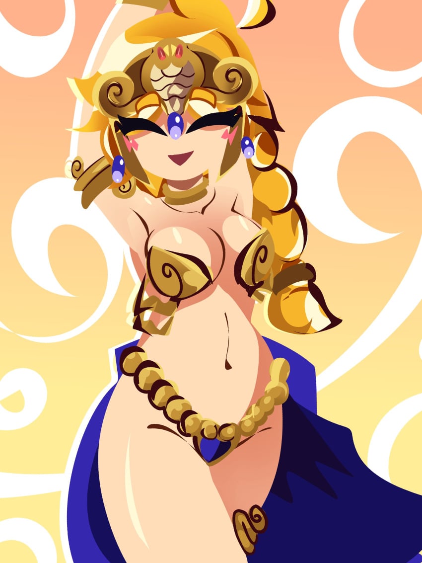 1girls arm_jewelry arms_behind_head arms_up blush blush_lines breasts closed_eyes color colored ear_piercing female female_focus female_only gold_jewelry hat jewelry legs_crossed long_hair looking_at_viewer neck_cuff neck_ring nipples_covered ponytail pussy_covered rivergravidade rivergravidade_commission smile thick_thighs thighs waist_cape wrist_cuffs yellow_hair