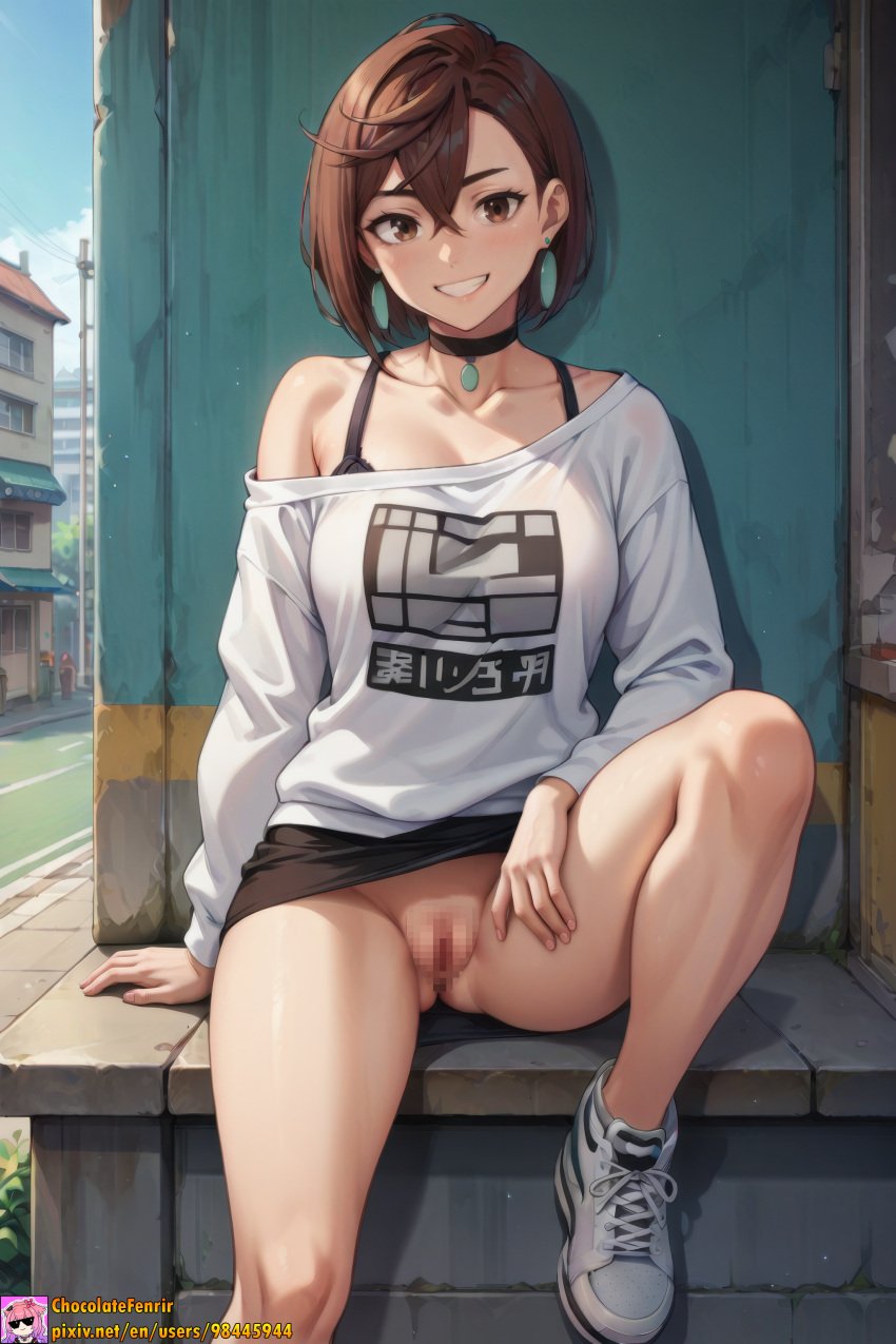 1girl ai_generated ayase_momo bangs black_skirt brown_eyes brown_hair censored chocolatefenrir crossed_bangs dandadan earrings hair_between_eyes jewelry looking_at_viewer pussy shirt skirt white_shirt