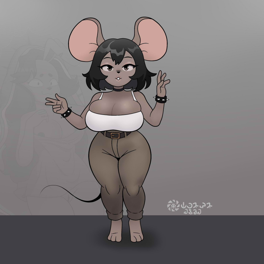 1:1 anthro background_character big_breasts black_hair bottomwear breasts cleavage clothed clothing female genitals hair hi_res looking_at_viewer makeup mammal murid murine nipples pamaht9 pants pussy rat rodent signature solo spanish_description