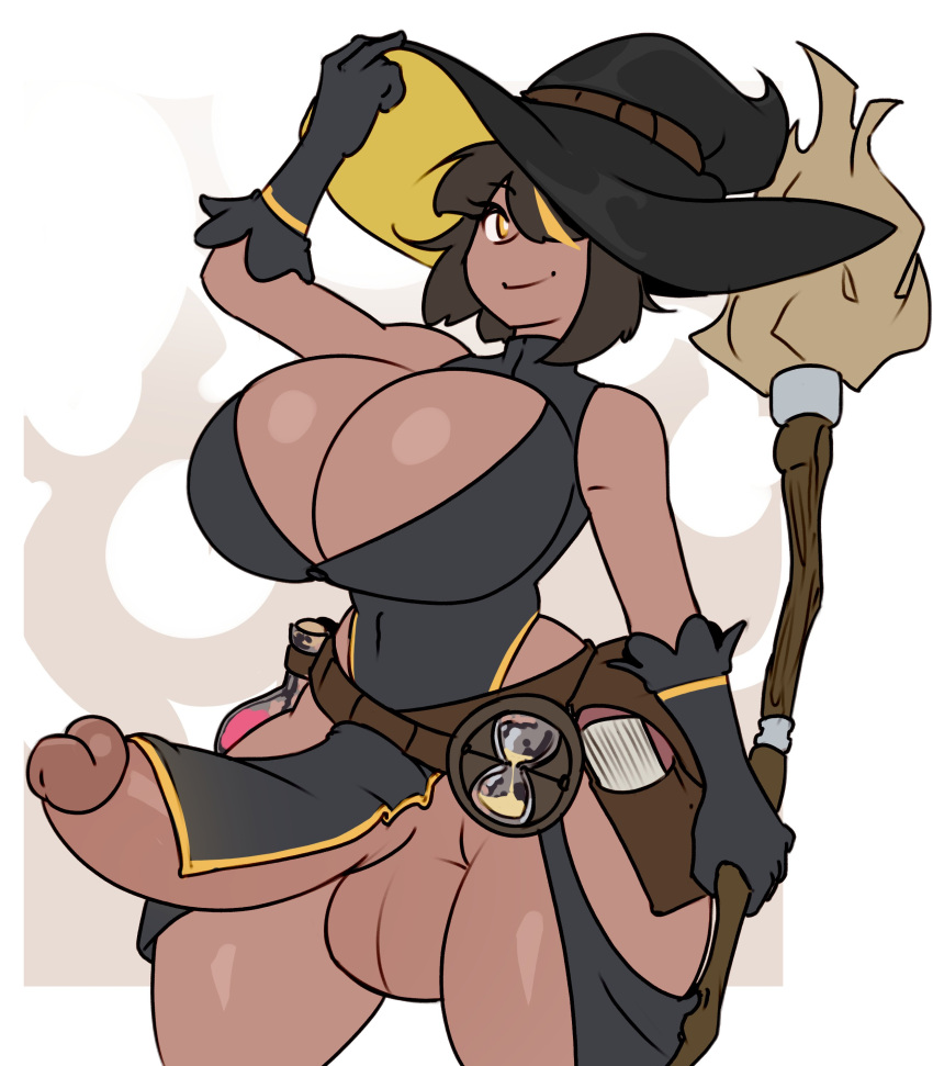 1futa balls big_breasts bottomless breasts clothed clothing dark-skinned_futanari dark_skin erection futa_only futanari huge_cock human ineffective_clothing mostly_clothed pelvic_curtain penis smooth_balls smooth_penis standing sunk118 witch_hat