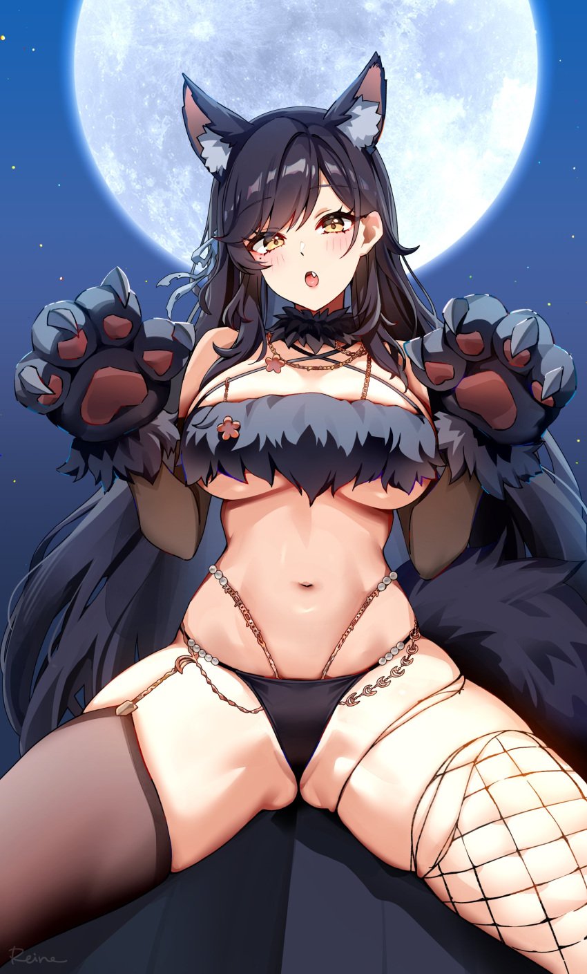 :o absurdres animal_ears animal_hands atago_(azur_lane) atago_(full_moon&#039;s_feral_wolf)_(azur_lane) azur_lane black_hair black_thighhighs blush breasts extra_ears female fishnet_thighhighs fishnets foxyreine halloween highres large_breasts long_hair looking_at_viewer mole mole_under_eye moon navel night night_sky oerba_yun_fang sky solo spread_legs stomach thighhighs thighs yellow_eyes