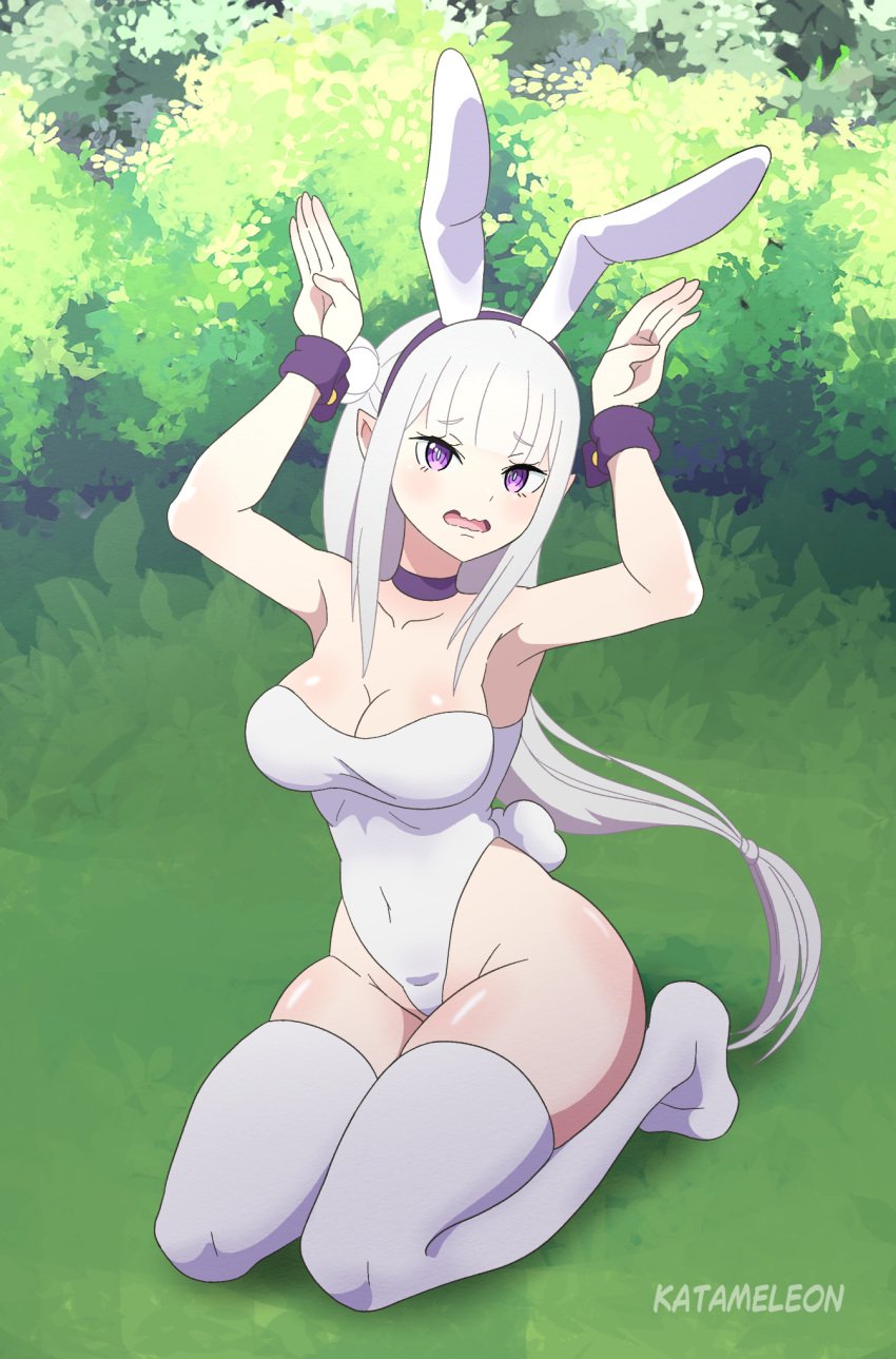 1girls armpits boobs breasts bunny_ears bunnysuit cleavage elf elf_ears elf_female elf_girl emilia_(re:zero) exposed_shoulders hips katameleon outdoors purple_eyes re:zero_kara_hajimeru_isekai_seikatsu silver_hair sitting solo solo_female thick_thighs thighhighs thighs