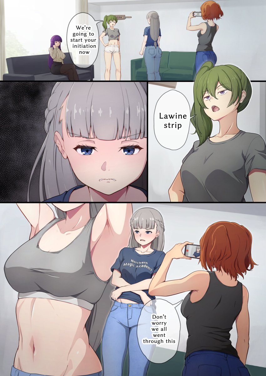 4girls absurdres armpits biting_own_lip blue_eyes blue_shirt blunt_bangs blush braid cellphone clothes_writing collarbone comic commission commissioner_upload couch crop_top denim embarrassed english_text femdom fern_(sousou_no_frieren) green_hair grey_hair grey_shirt hazing highres humiliation indoors jeans kanne_(sousou_no_frieren) knees lawine_(sousou_no_frieren) long_hair medium_hair midriff multiple_girls navel non-web_source ocza open_mouth orange_hair paddle pants pantyhose pencil_skirt phone purple_eyes purple_hair recording shirt short_hair short_sleeves shorts sitting skirt smartphone sousou_no_frieren sports_bra standing stomach sweater tank_top turtleneck turtleneck_sweater twintails ubel_(sousou_no_frieren) undressing white_shorts window