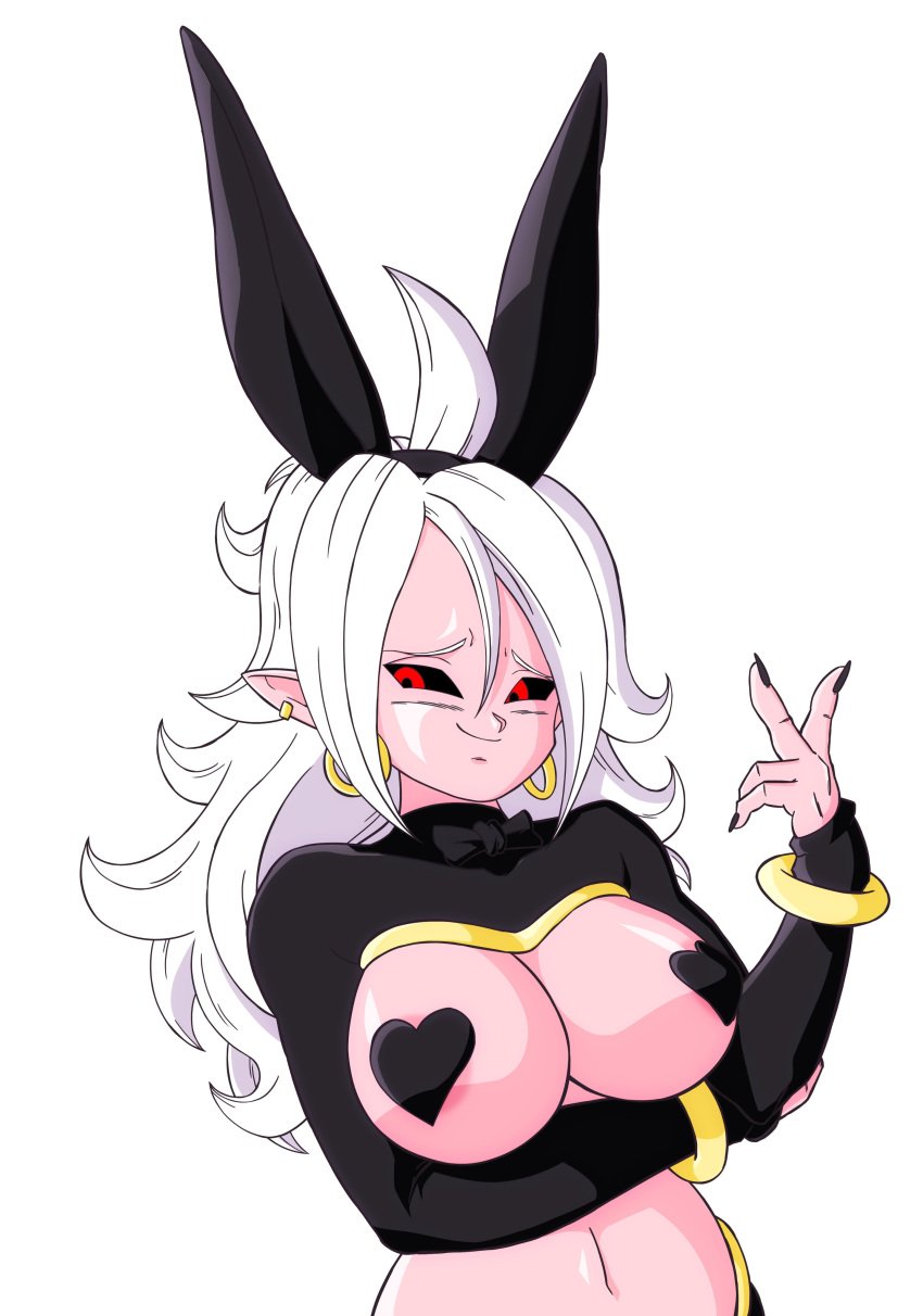 android_21 big_breasts blank_background bunny_ears bunnysuit dragon_ball dragon_ball_super dragon_ball_z majin_android_21 nude nude_female pink_nipples pink_skin red_eyes slimray thick white_background white_hair