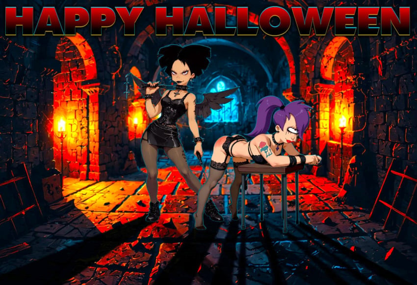 amy_wong bent_over bondage bra bryan3 cyclops futurama garter_belt halloween leather_dress pantyhose purple_hair stockings turanga_leela