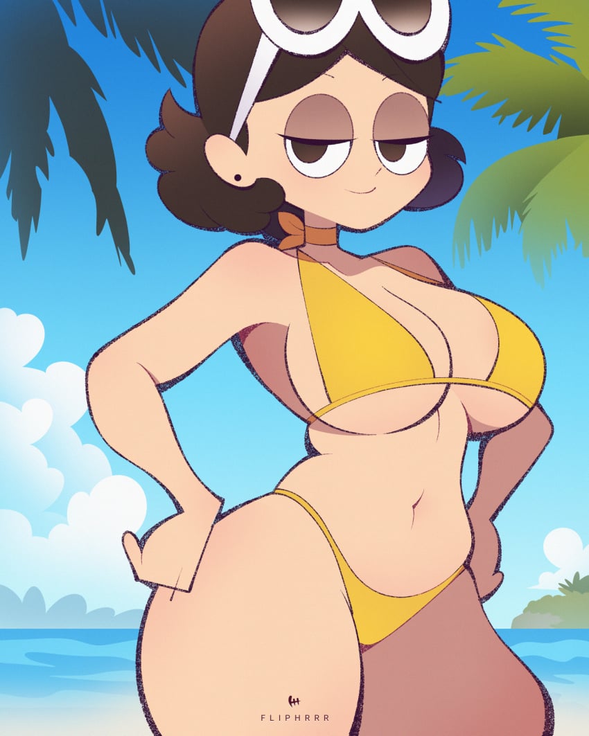 beach bikini breasts brown_hair cleavage flipherrrr hands_on_hips nickelodeon ocean orange_bikini sunglasses tagme the_loud_house thicc_qt