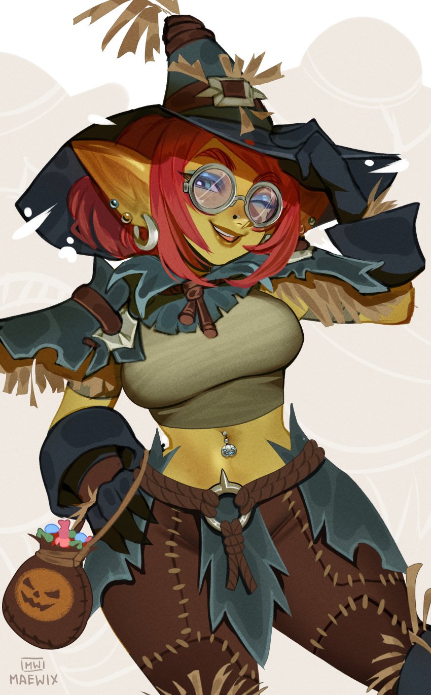 1girls absurd_res belly_button_piercing blue_eyes blue_eyeshadow clothing ear_piercing earrings farah_(maewix1) female female_only glasses goblin goblin_female gobtober gobtober_2024 green_skin halloween halloween_costume looking_at_viewer maewix1 navel_piercing pointy_ears red_hair round_glasses smiling smiling_at_viewer solo trick_or_treat wide_hips wink winking_at_viewer witch_hat