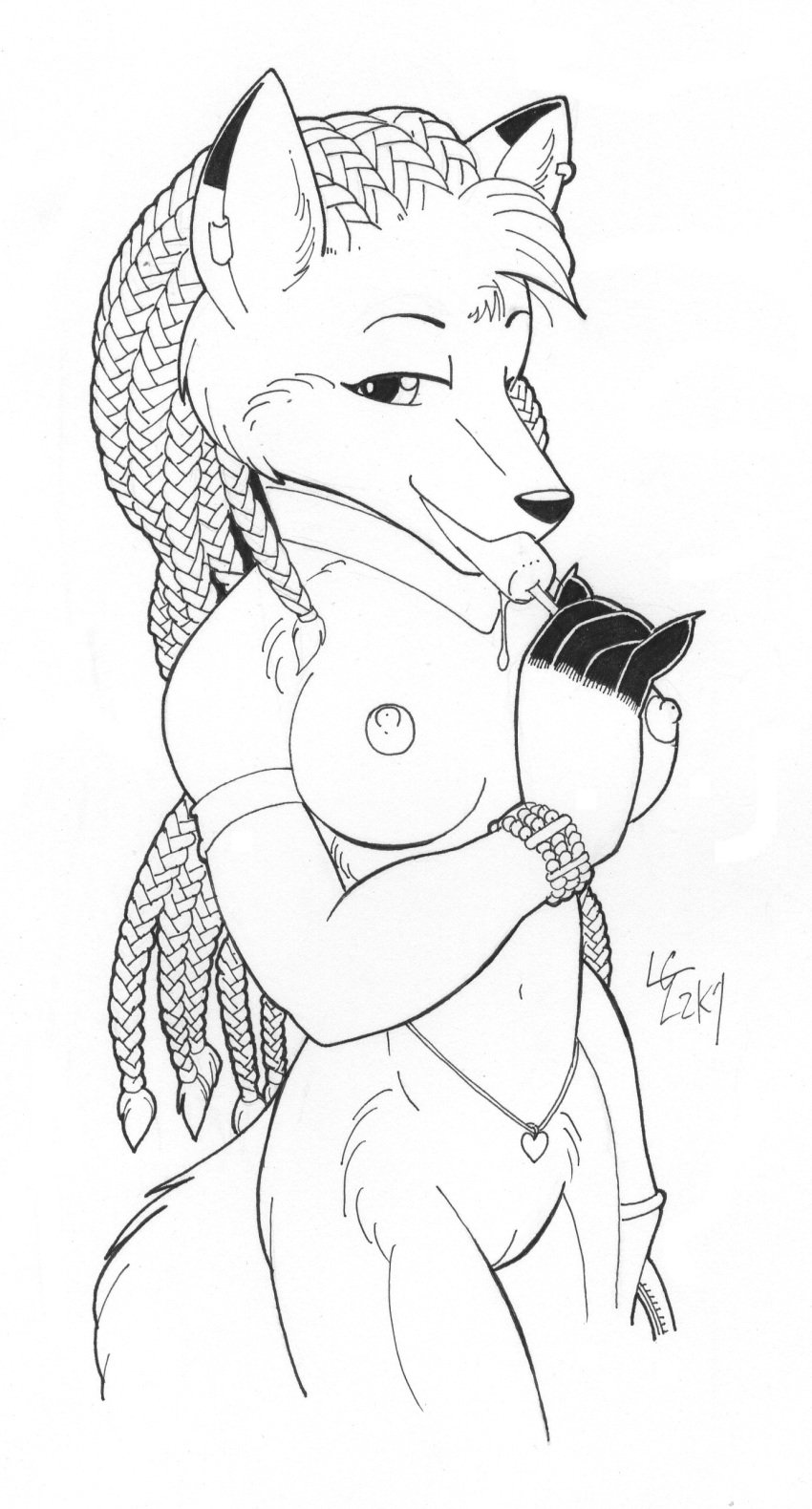 2007 anthro belly_chain black_and_white bracelet braids breasts canine ear_piercing earring female fur furry hair hi_res jewelry loupgarou monochrome nipples nude piercing popsicle puffy_nipples pussy solo suggestive_food