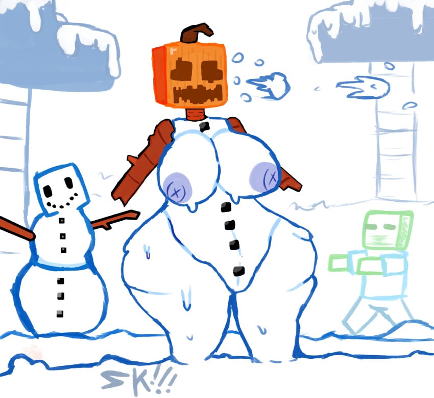 breast_focus el_sick medium_breasts melting minecraft minecraft_mob pumpkin pumpkin_head snow snow_golem snowing zombie_(minecraft)