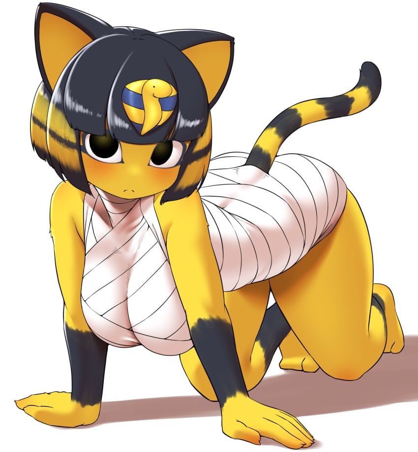 animal_crossing ankha_(animal_crossing) blush catgirl dark_hair nobunagapero yellow_body