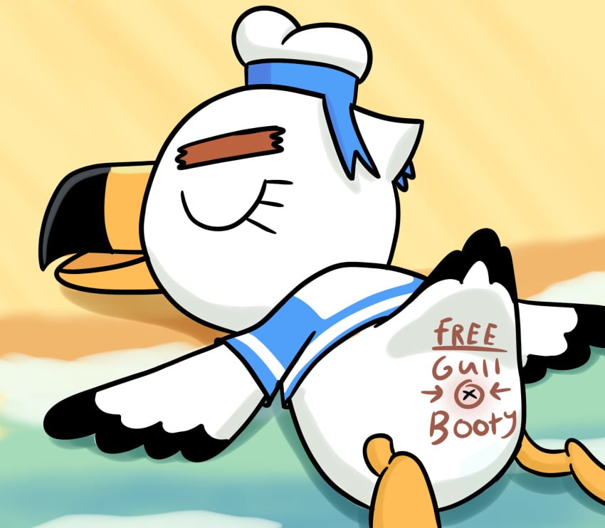 animal_crossing animal_genitalia anthro aussiecuno avian beach bird body_writing cloaca closed_eyes clothing eyebrows eyelashes genitals gull gulliver_(animal_crossing) hi_res lari larid male nintendo sailor_uniform sleeping solo uniform