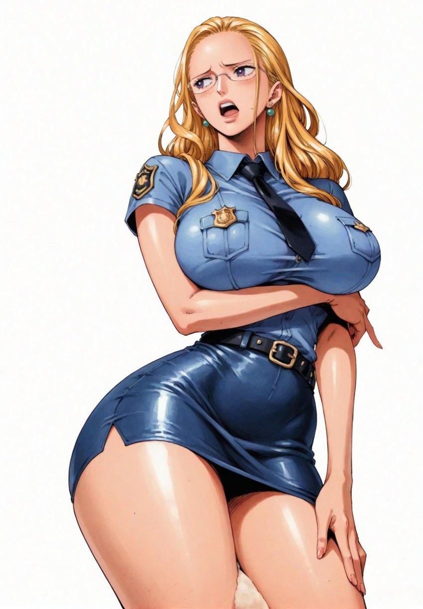 ai_generated alluring almost_naked almost_nude big_breasts blonde_hair blush breasts earring earrings female female_only glasses kalifa kalifa_(one_piece) long_hair looking_at_viewer one_piece open_mouth police police_badge police_officer police_uniform policewoman purple_eyes seducing seduction seductive seductive_body seductive_eyes seductive_gaze seductive_look seductive_mouth seductive_pose shiny_hair shiny_skin skin_tight skintight skintight_clothes skintight_clothing skirt thick_thighs uniform voluptuous voluptuous_female yashin