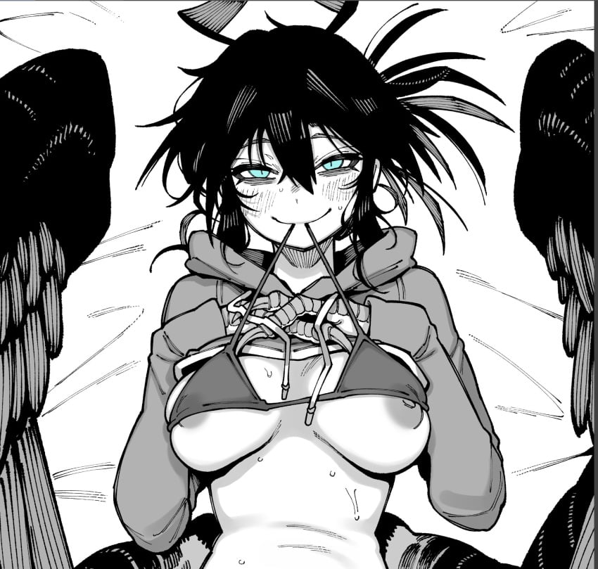 big_breasts bird_girl blue_eyes bra breast_squish breasts crop_top crow-chan_(karasu_raven) female hoodie karasu_raven looking_at_viewer monochrome monster_girl nipples skindentation smile smiling_at_viewer solo_female talons wings