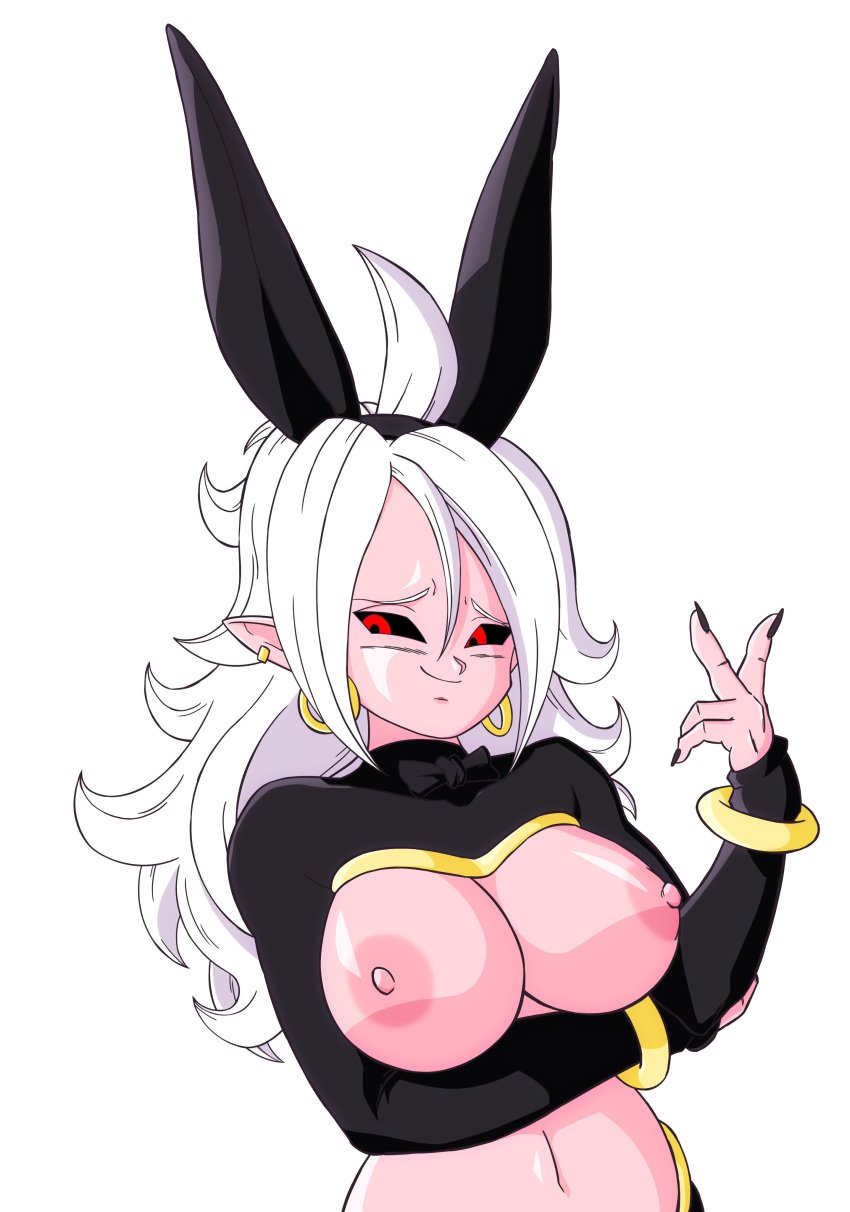 android_21 big_breasts blank_background bunny_ears bunnysuit dragon_ball dragon_ball_super dragon_ball_z majin_android_21 nude nude_female pink_nipples pink_skin red_eyes thick white_background white_hair