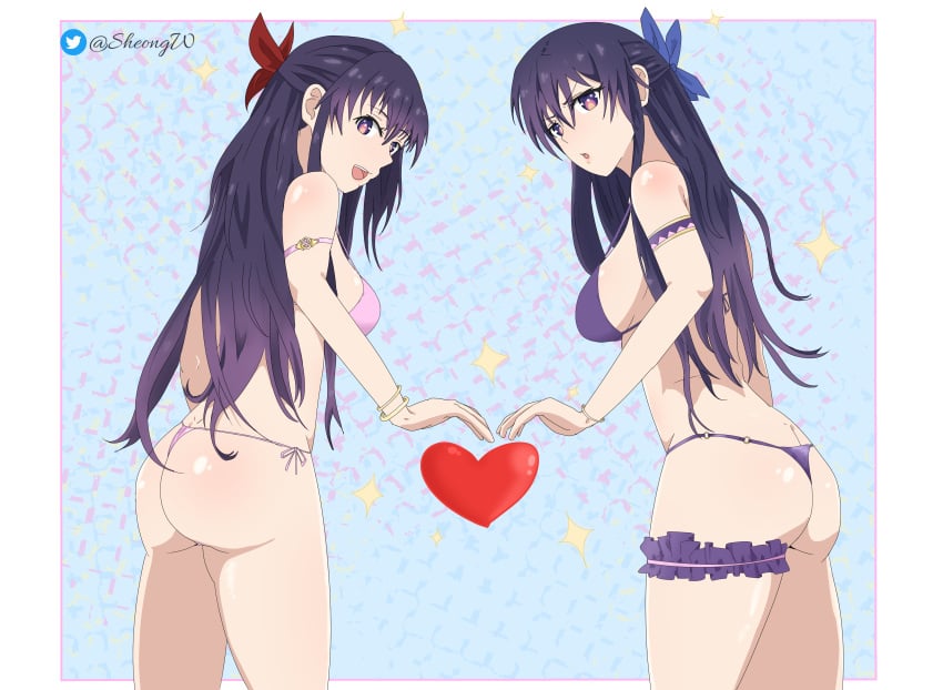 ass ass_focus date_a_live datealive heart_symbol long_hair pink_swimsuit purple_eyes purple_hair purple_swimsuit sheong_wong sisters swimsuit yatogami_tenka yatogami_tohka