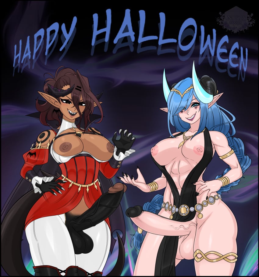 2futa 2futas abs atelier_sol_aer balls big_breasts big_penis black_eyes black_glans black_horn black_nail_polish black_nails blue_eyes blue_hair blue_horn breasts brown_hair clothed clothing cock dark-skinned_futanari dark_skin demon demon_girl demon_horns demon_tail duo erection futa_only futanari grey_nail_polish grey_nails halloween halloween_costume halloween_theme horn horns huge_cock humanoid humanoid_penis lich light-skinned_futanari light_skin mostly_clothed mostly_nude nohl_onyxstone_(xenxia) penis robe shark_teeth sharp_claws sharp_teeth slit_eyes slit_pupils standing tail thick_tail undead uroclya vampire_costume veiny_penis xenxia