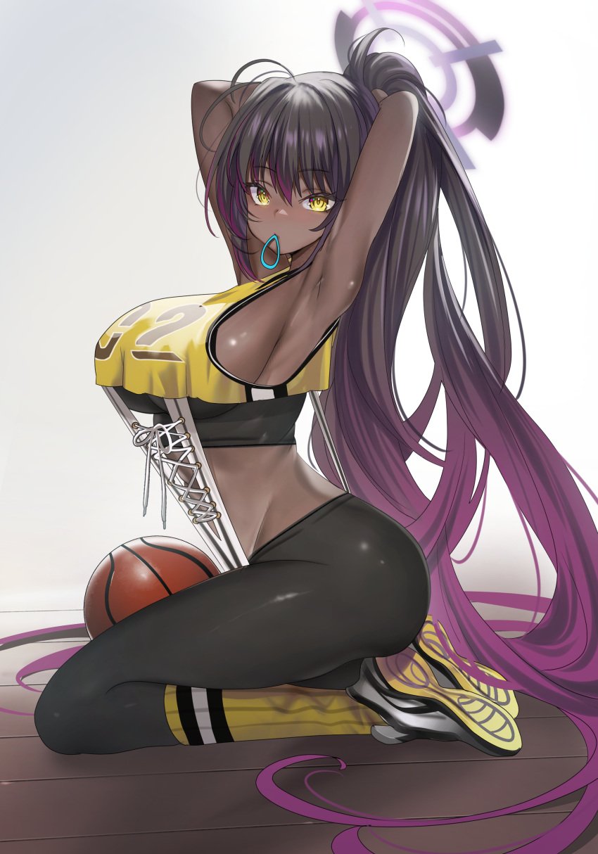 1girls basketball black_hair blue_archive breasts dark-skinned_female dark_skin female halo huge_breasts karin_(blue_archive) long_hair naughty_face ponytail teddypocky thick_thighs yellow_eyes