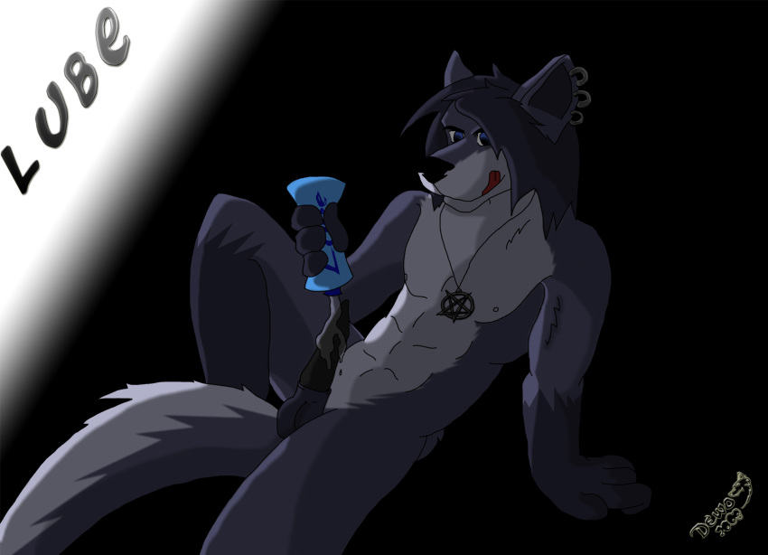 anthro canine dewo fur furry grey lube male masturbation penis piercing wolf