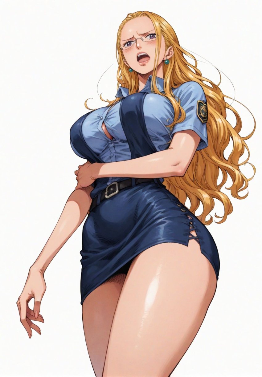 ai_generated alluring almost_naked almost_nude big_breasts blonde_hair blush breasts earring earrings female female_only glasses kalifa kalifa_(one_piece) long_hair looking_at_viewer one_piece open_mouth police police_badge police_officer police_uniform policewoman purple_eyes seducing seduction seductive seductive_body seductive_eyes seductive_gaze seductive_look seductive_mouth seductive_pose shiny_hair shiny_skin skin_tight skintight skintight_clothes skintight_clothing skirt thick_thighs uniform voluptuous voluptuous_female yashin