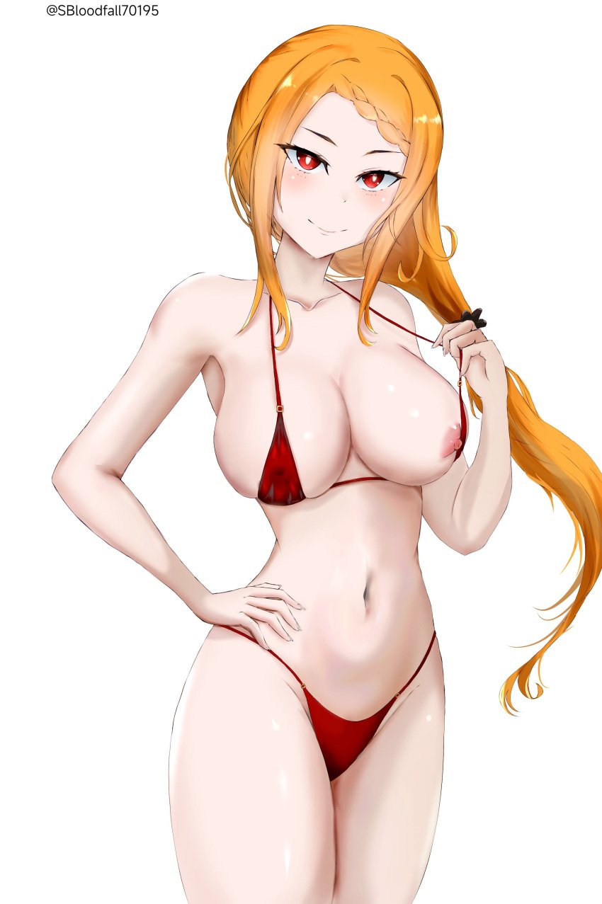 1girls armpits belly bikini bra_pull breasts cleavage female female_only half_naked hand_on_hip looking_at_viewer micro_bikini nipple_slip nipples orange_hair priscilla_barielle re:zero_kara_hajimeru_isekai_seikatsu red_eyes revealing_clothes sideboob solo solo_female standing thighs white_background