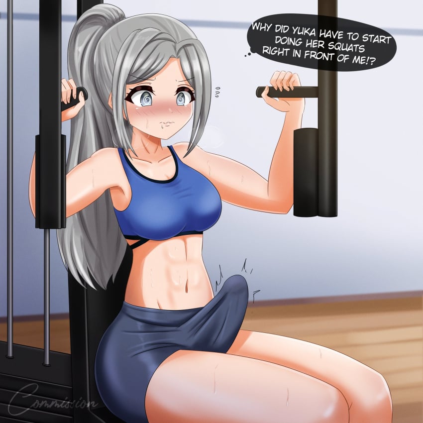 abs big_breasts blush clothed commission d4dj danzfloor erect_penis erection futanari gym long_hair niijima_ibuki sports_bra sweat swirly_eyes text thick_thighs thought_bubble