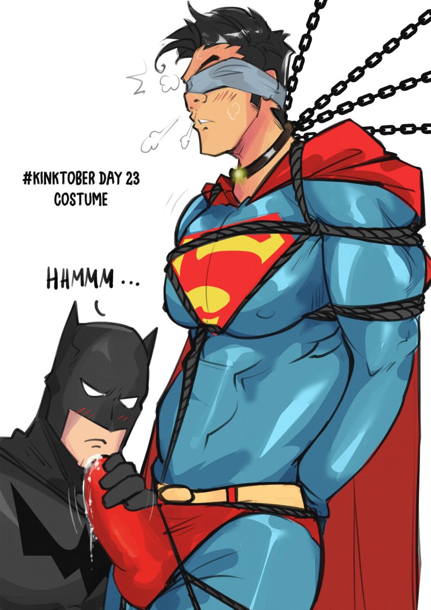 arms_behind_back bara batman batman_(series) big_pecs blindfold blindfolded blush bondage bruce_wayne chains clark_kent costume cum cum_through_clothes dc dc_comics erect_nipples_under_clothes erect_penis erection erection_under_clothes gay hanamuransfw justice_league kinktober kinktober_2024 kryptonite mask masked masked_male muscular muscular_male nipples nipples_visible_through_clothing pecs superhero superhero_costume superman superman_(series) tied tied_arms tied_up yaoi