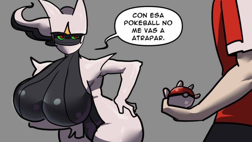 anthro arceus big_breasts breasts eliowrathful green_sclera human nintendo pokeball pokemon red_eyes spanish_text