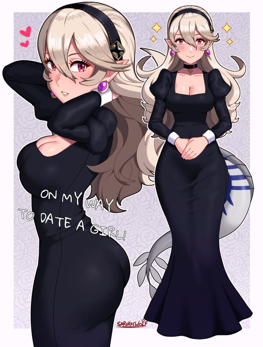 1girls absurdres adjusting_hair alternate_costume arms_up ass big_ass black_dress breasts cleavage cleavage_cutout corrin_(female)_(fire_emblem) corrin_(fire_emblem) corrin_(fire_emblem)_(female) date dragon_tail dress earrings eyelashes female female_only fire_emblem fire_emblem_fates girl_on_girl grey_hair hairband heart highres jewelry light_blush long_dress long_hair looking_at_viewer medium_breasts nintendo own_hands_together paid_reward_available pointy_ears red_eyes sapphic sarukaiwolf smile solo tail tight_clothes tight_dress yuri yuri