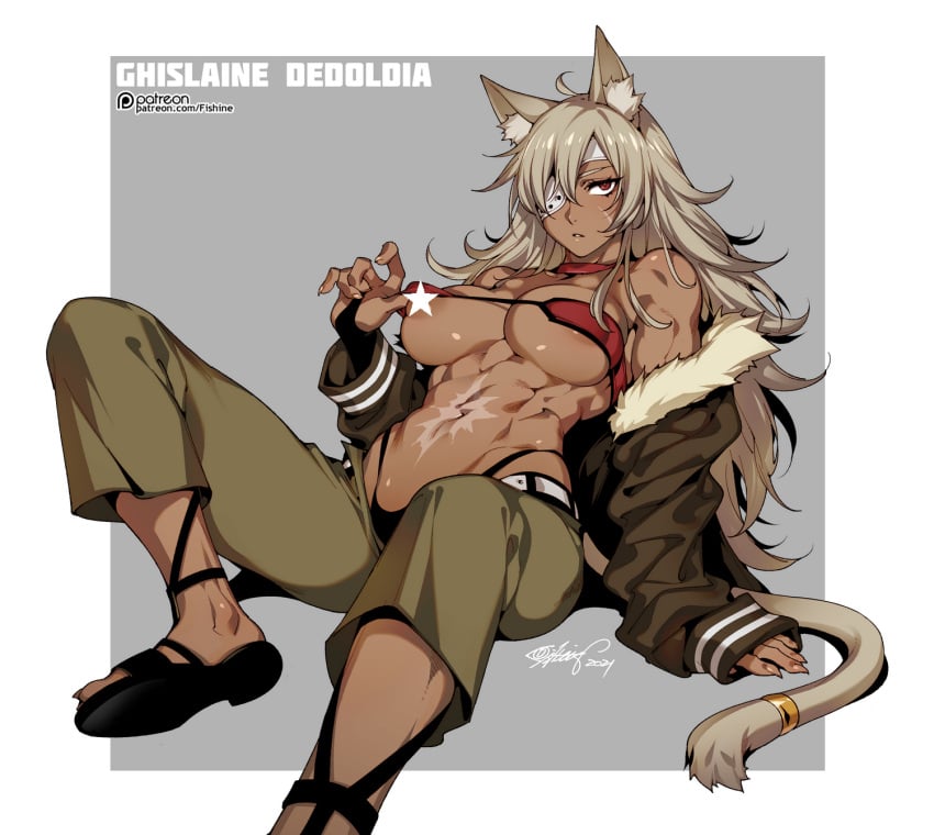 abs animal_ears areola_slip censored female fishine ghislaine_dedoldia muscular_female mushoku_tensei one_breast_out scar tail