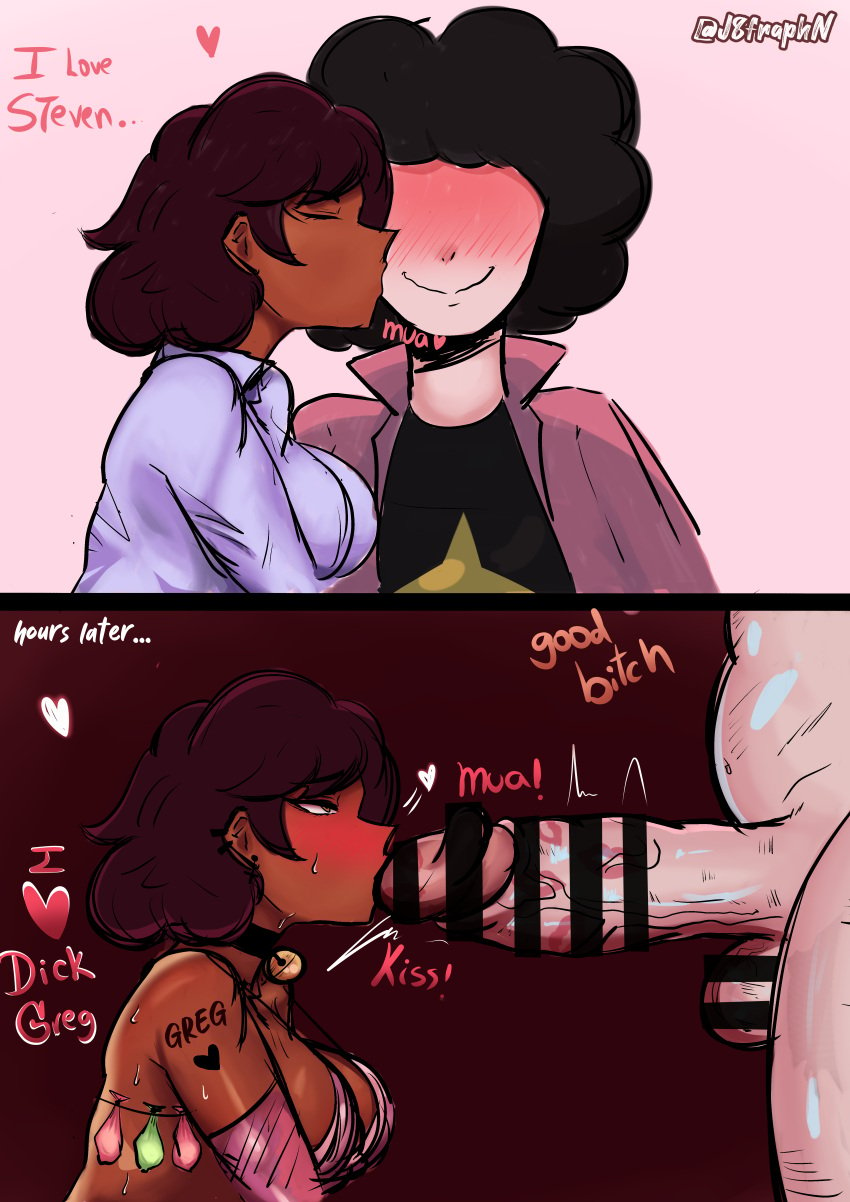 1girls 2boys 2koma connie_maheswaran cucked_by_father dark-skinned_female english_text fellatio greg_universe interracial j8fraph kissing netorare oral penis steven_quartz_universe steven_universe used_condom