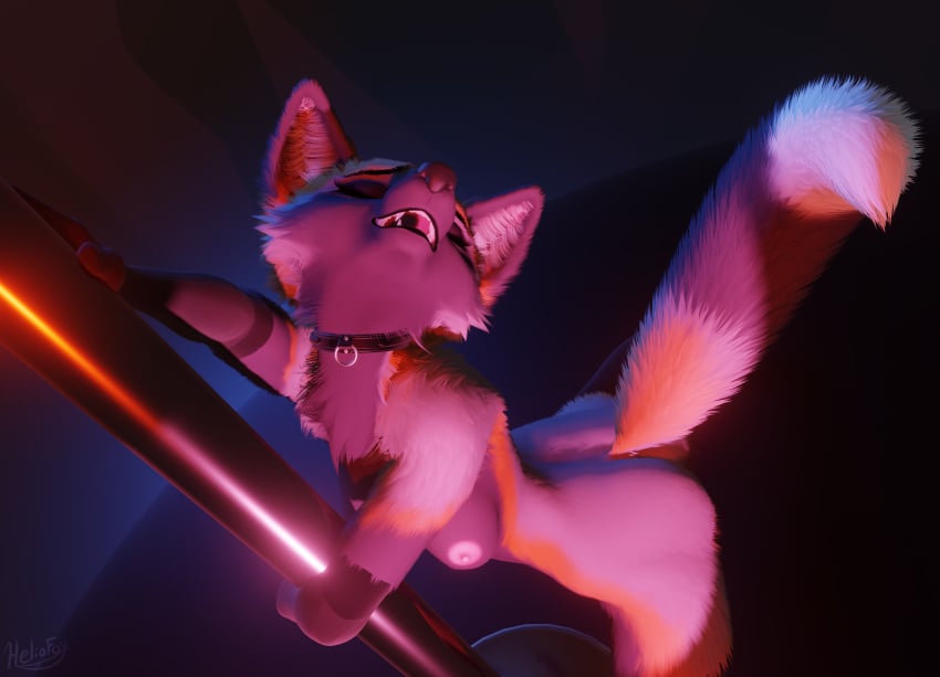 3d_(artwork) absurd_res anthro blender_(disambiguation) breasts canid canine clothing cross_fox dancing digital_media_(artwork) female fox fur heliofox hi_res legwear lingerie mammal pole pole_dancing red_fox showoff silly smile stockings tail teasing tongue true_fox